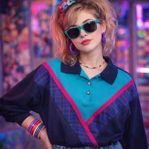 VINTAGE Alfred Dunner Womens Large Retro 80s 90s Polo Shirt Navy Teal Colorblock